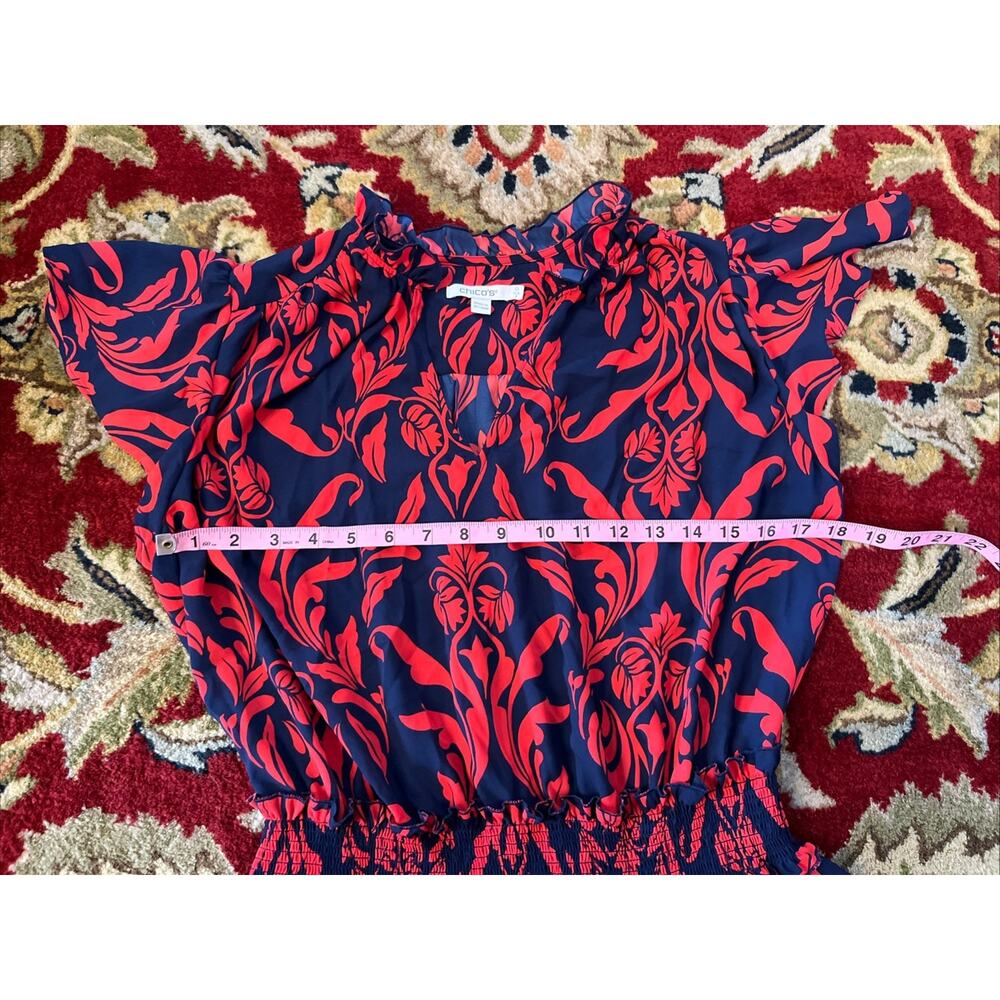 CHICOS Sz 0 Maxi Dress US 4 S Flutter Sleeve Smocked Waist Damask Floral Tier - Picture 9 of 11
